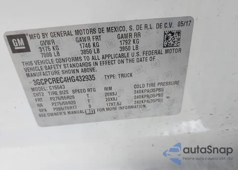 2017 Chevrolet Silverado 1500 1Lt from USA, damaged, VIN 3GCPCREC4HG432935